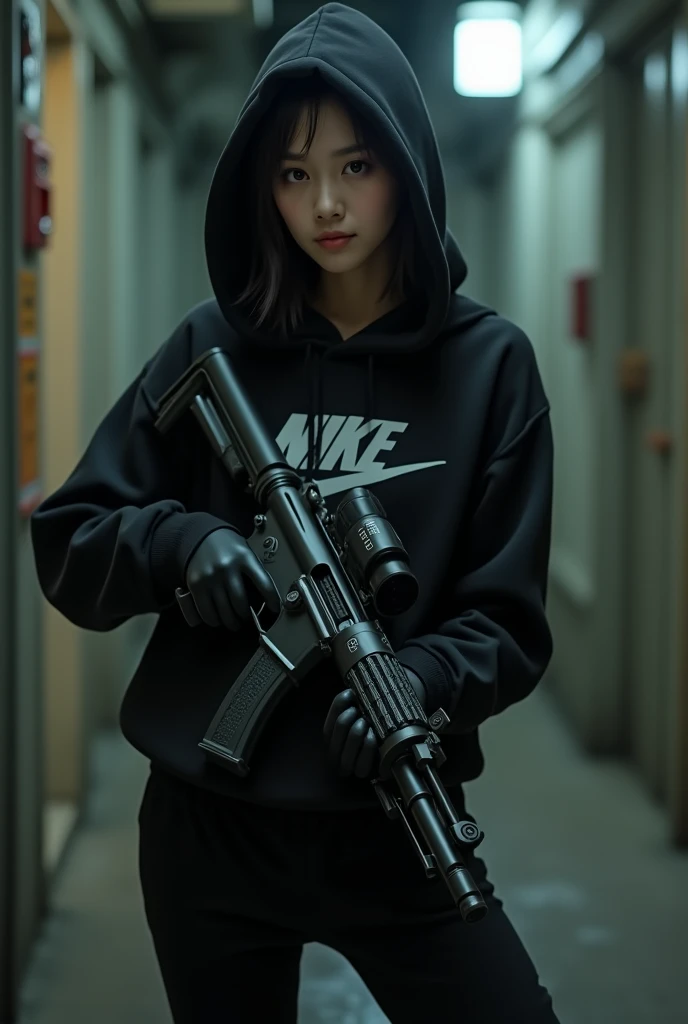 Une brune coréenne aux yeux bridés portant un sweat-shirt a capuche noir Nike et un pantalon noir Nike assorti, un tueur avec des gants noirs et une mitrailleuse légère