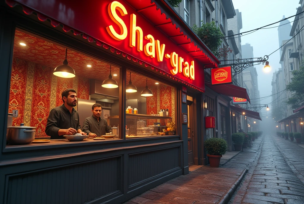 Midday, sunset, A small, cozy fast-food cafe with a red sign written in Tajik font, text sign says "Shav-grad", located in a modern Latvian city. The restaurant's interior is filled with the aroma of spices and fresh meat. The walls are adorned with vibrant, patterned carpets, creating a warm and welcoming atmosphere. Behind the counter, two men with dark complexions, likely of Tajik or Pakistani origin, are serving food. The exterior shows a busy, modern cityscape typical of modern Latvia, with narrow streets, skyscrapers on the background, and a mix of old and modern buildings. A slight fog hangs over the area, adding to the working-class vibe of the neighborhood. Ultra details, detailed faces