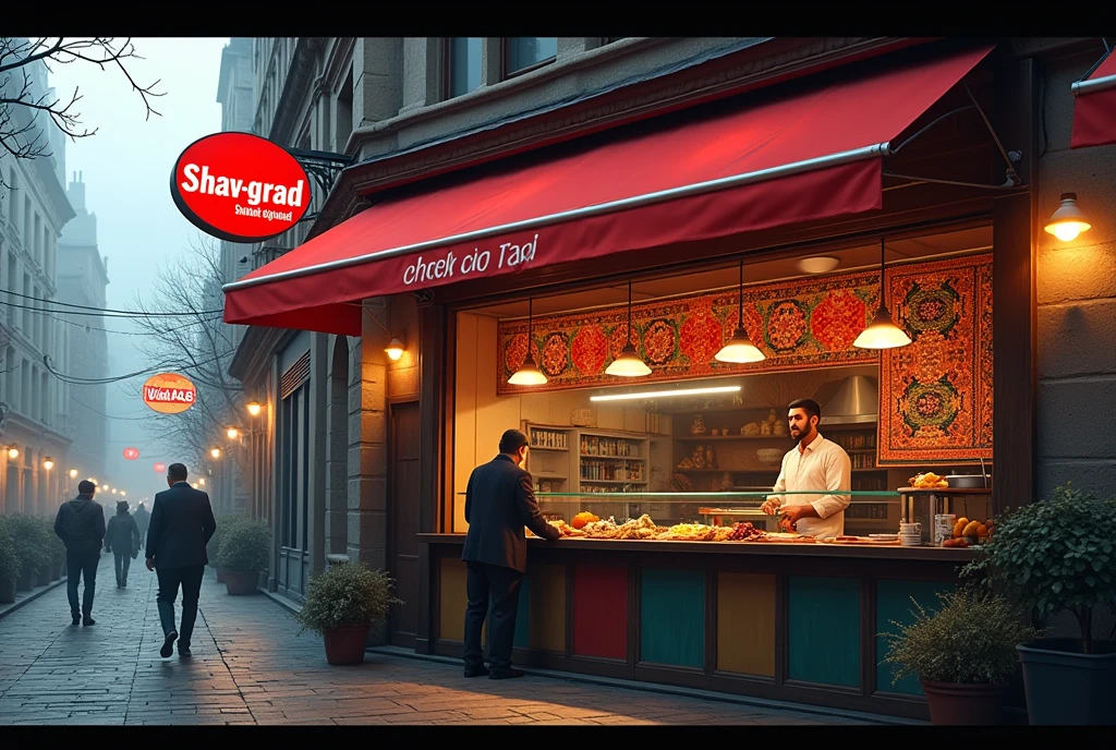 Midday, sunset, A small, cozy fast-food cafe with a red sign written in Tajik font, text sign says "Shav-grad", located in a modern Latvian city. The restaurant's interior is filled with the aroma of spices and fresh meat. The walls are adorned with vibrant, patterned carpets, creating a warm and welcoming atmosphere. Behind the counter, two men with dark complexions, likely of Tajik or Pakistani origin, are serving food. The exterior shows a busy, modern cityscape typical of modern Latvia, with narrow streets, skyscrapers on the background, and a mix of old and modern buildings. A slight fog hangs over the area, adding to the working-class vibe of the neighborhood. Ultra details, detailed faces