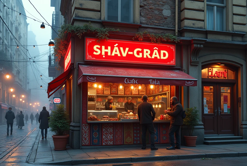 Midday, sunset, A small, cozy fast-food cafe with a red sign written in Tajik font, text sign says "Shav-grad", located in a modern Latvian city. The restaurant's interior is filled with the aroma of spices and fresh meat. The walls are adorned with vibrant, patterned carpets, creating a warm and welcoming atmosphere. Behind the counter, two men with dark complexions, likely of Tajik or Pakistani origin, are serving food. The exterior shows a busy, modern cityscape typical of modern Latvia, with narrow streets, skyscrapers on the background, and a mix of old and modern buildings. A slight fog hangs over the area, adding to the working-class vibe of the neighborhood. Ultra details, detailed faces