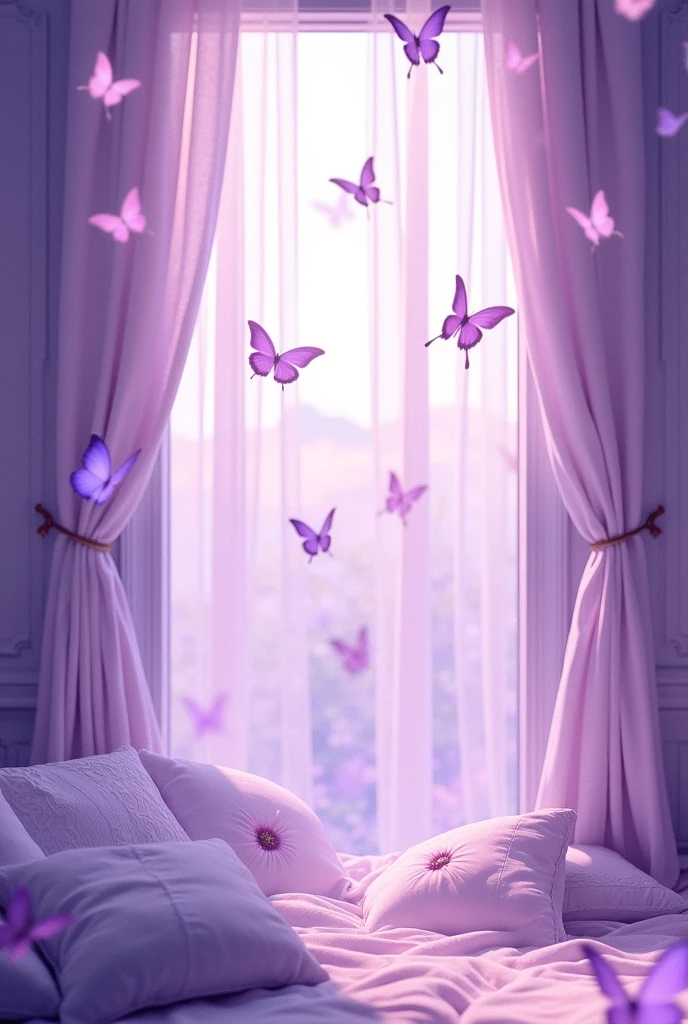 It depicts the interior of a room bathed in soft purple light.。Curtains fluttering from the window、There are many butterflies fluttering there。Half pastel purple、Half Violet。