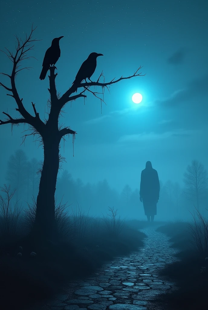 Two crows on a dead tree, A shadow shaped like a walker, Starry night, Thick fog on the ground, Blue light on the horizon, Unreal Engine 5, Cinematic, low angle photography, Motion blur, Depth of field, Dust, Cobblestones and dirt. Splash Art, dripping paint. Perfect color grading. Influenced by Karel Appel and Jeremy Mann, Full of dramatic and threatening scenes, Hyper-detailed, Beautiful, insanely details, Intricate details, editorial photography, shot with a 50mm lens, Depth of field, Tilt Bl