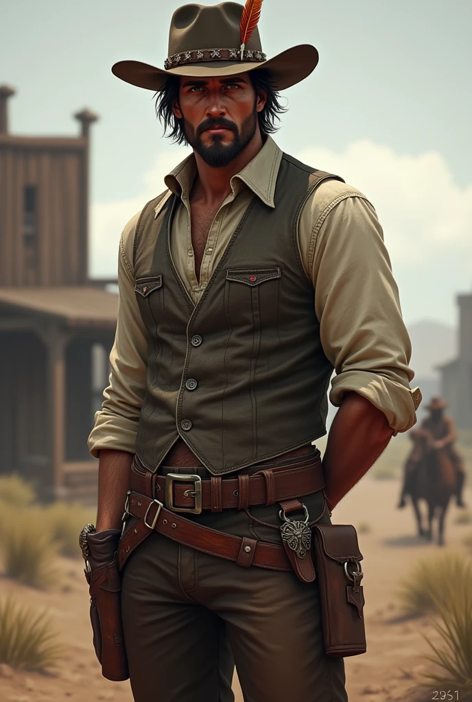 full body art of a He has combed brown hair and a slightly unkempt beard. His eyes are brown. Use John Marston from Red Dead Redemption as a reference, with a vest and rolled up sleeves. He wears a hat with a feather. He has both hands behind his back in a soldier pose. He is American, with a strong sense of brotherhood, and wears regular pants and boots with spurs. I would like the art to be in a fantasy RPG style, set in the Old West.