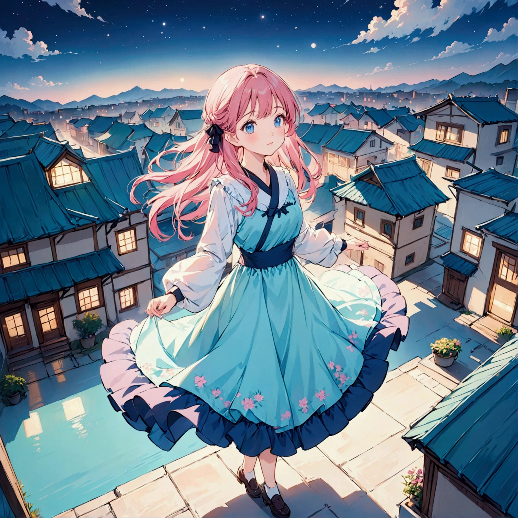 anime cute girl, at night, in top of building, deep blue and pink mixed hair, dark blue eyes, silky hair, wear LightSeaGreen and LightCyan color dress, background: all kind of sized building, night sky, stars on sky, pink and blue highlights, full body, have some air detailed quality, super detailed highlights, no override on image, advanced detailed quality, advanced quality shadows, masterpiece, art style, cute girl, have masterpiece expression, high quality image, 16k quality, colorful.