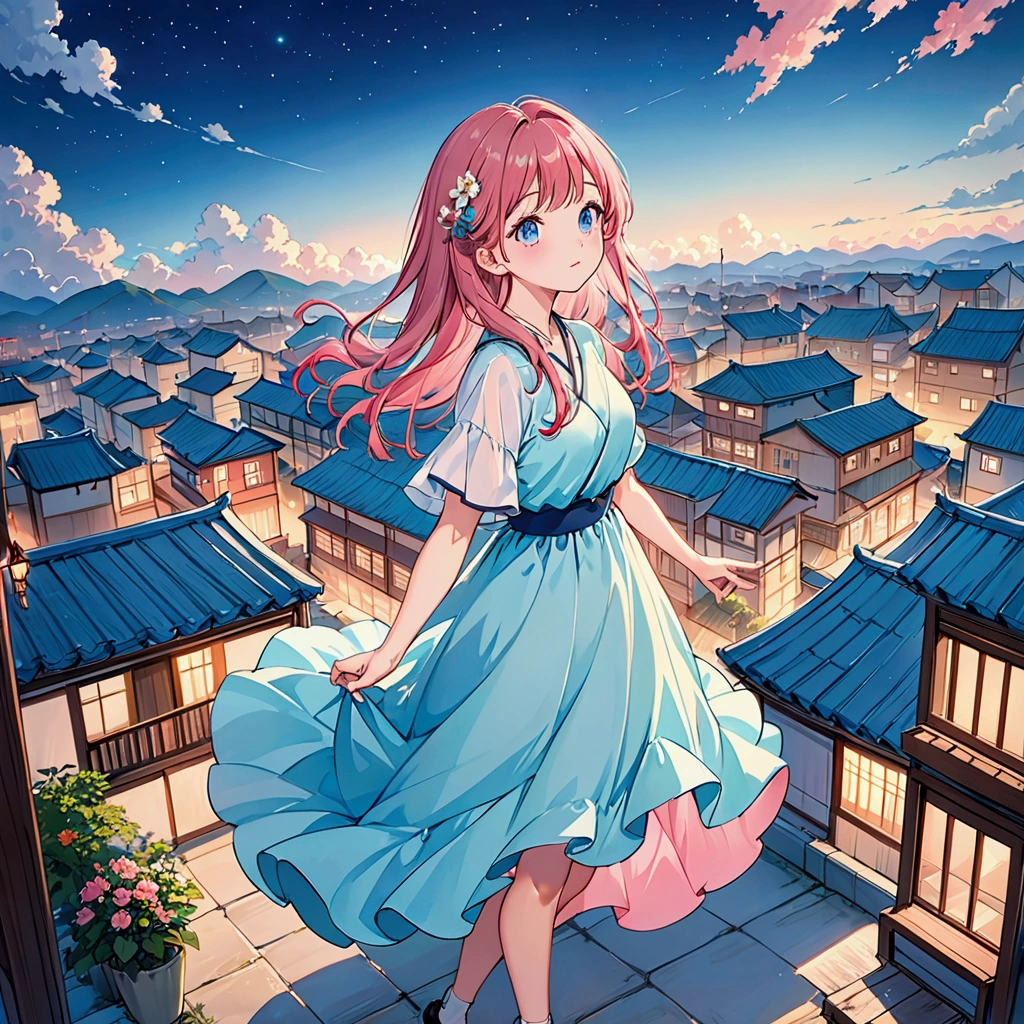 anime cute girl, at night, in top of building, deep blue and pink mixed hair, dark blue eyes, silky hair, wear LightSeaGreen and LightCyan color dress, background: all kind of sized building, night sky, stars on sky, pink and blue highlights, full body, have some air detailed quality, super detailed highlights, no override on image, advanced detailed quality, advanced quality shadows, masterpiece, art style, cute girl, have masterpiece expression, high quality image, 16k quality, colorful.