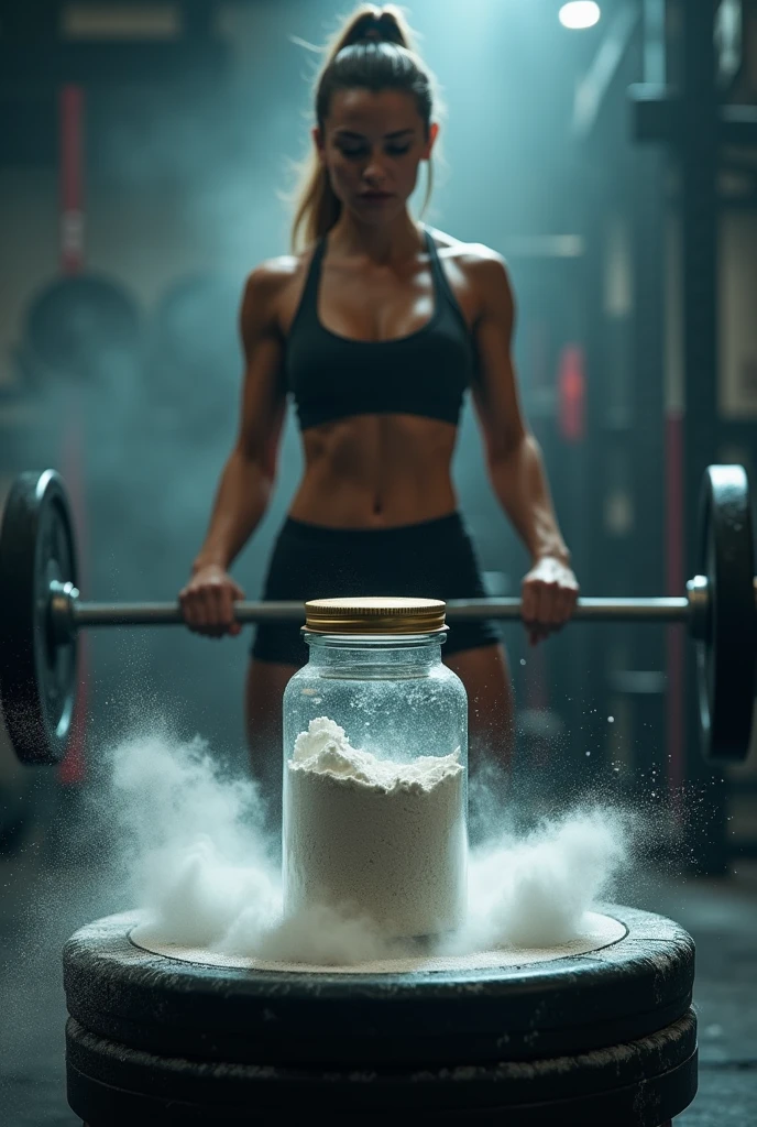small capsule jar on top of a bodybuilding equipment with white powder falling behind with a strong woman behind in a gym with blurred image