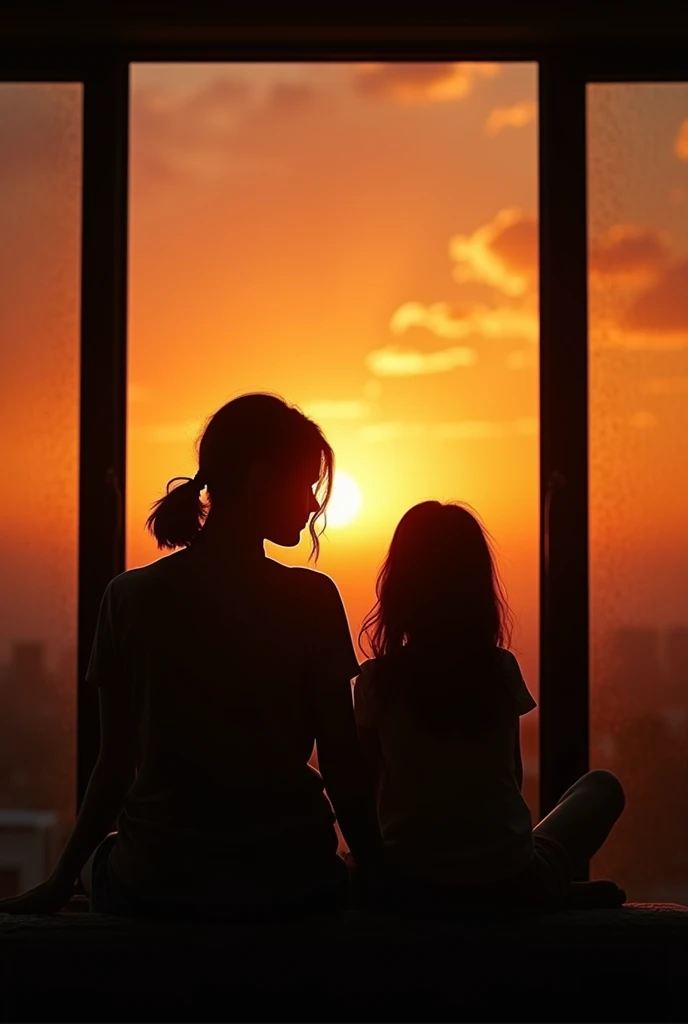 ((Horizontal photo))Silhouette photo, Cinematic photo, a mother and daughter facing together sitting behind a window, sunset light get in through, ((high quality)) ((best resolution))