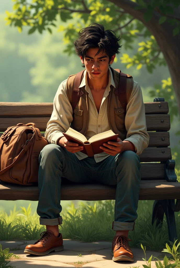 *Traveler's Position:**
- "A young man named Akash sitting on an old bench, reading a book. He has a large bag beside him and looks concerned."