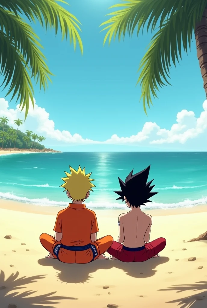 Naruto, goku, sitting on beach