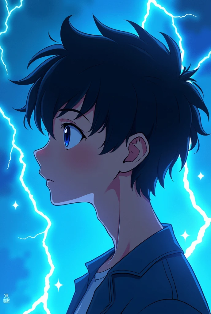 Lightening blue anime pfp only face side view boy
