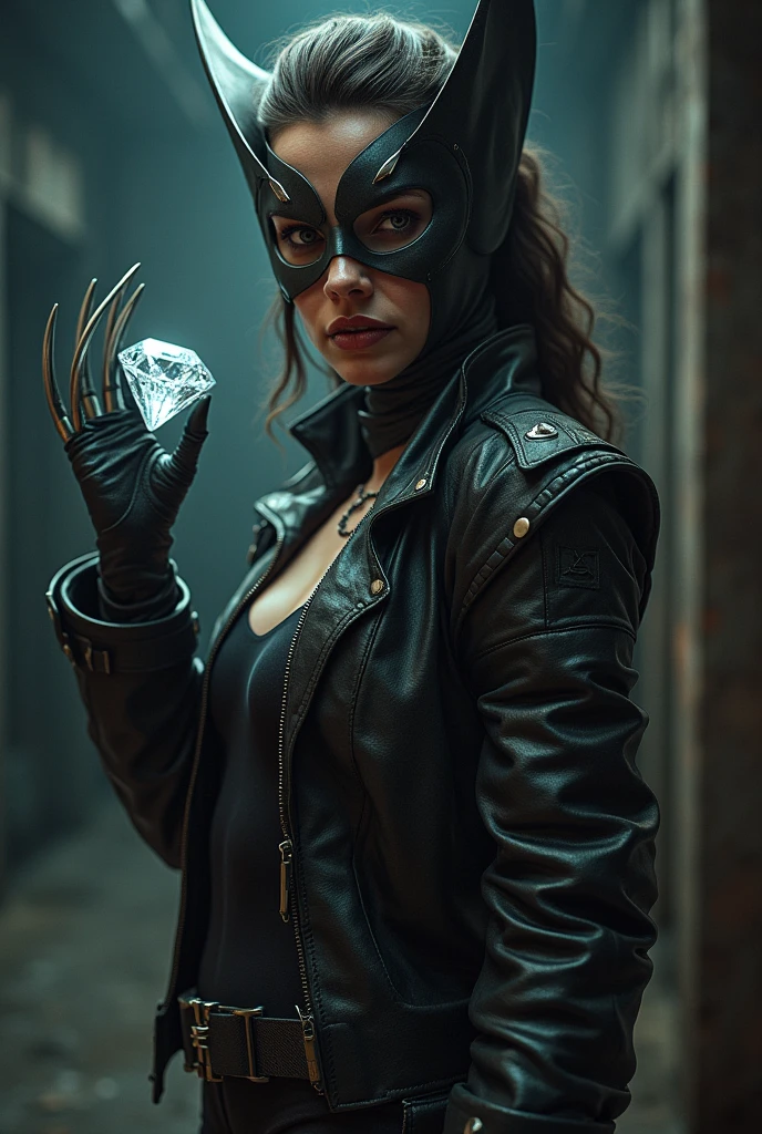 A woman dressed in a wolverine costume holding a diamond