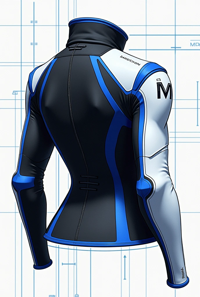 Create a futuristic jacket illustration in a technical, blueprint-like style. The jacket should feature a high, structured collar and a color scheme dominated by black, with blue and white accents. Make the right sleeve solid white with blue line details, including a prominent 'M' on the shoulder. Provide front, back, and side views, each drawn with precise, clear lines, and incorporate grid lines to emphasize a technical design. The overall look should be schematic, focusing on order and clarity, resembling a technical fashion design illustration