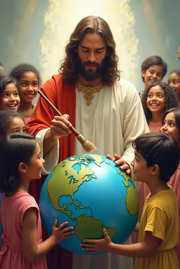 drawing of Jesus painting the planet earth and children of various races looking happy