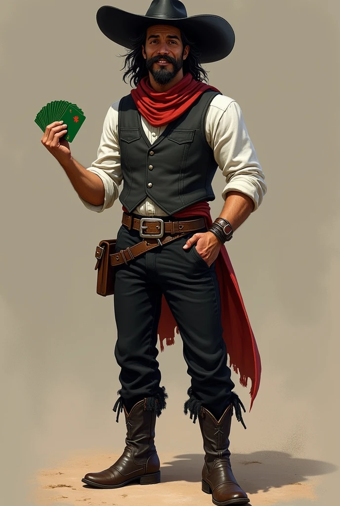 Make a full body art of a well-groomed adult Mexican street vendor with long, messy dark hair and a neat mustache and goatee. He wears a dark vest and a plain white shirt. He wears a black hat. He wears black pants with a buckle. A red scarf is wrapped around his neck and boots with spurs. He holds a green deck of cards in one hand, while the other hand is in his pocket. The character should be styled in a fantasy RPG art style, set in the Wild West. He is mature.