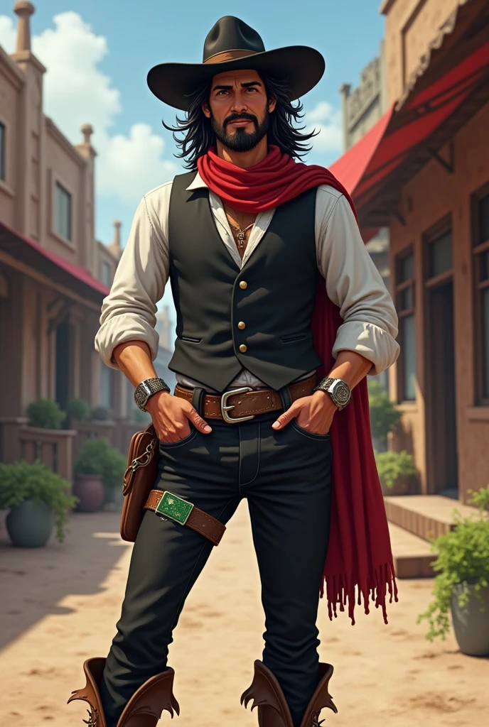 Make a full body art of a well-groomed adult Mexican street vendor with long, messy dark hair and a neat mustache and goatee. He wears a dark vest and a plain white shirt. He wears a black hat. He wears black pants with a buckle. A red scarf is wrapped around his neck and boots with spurs. He holds a green deck of cards in one hand, while the other hand is in his pocket. The character should be styled in a fantasy RPG art style, set in the Wild West. He is mature.