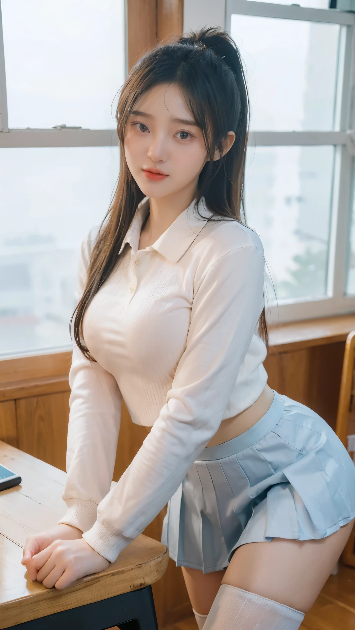 masterpiece, best quality, ultra-realistic, cute young woman, medium big breast, Korean idol, heart-shaped face, large almond eyes, silky black hair tied in a neat ponytail, small rosy lips, wearing a traditional Korean school uniform with a white blouse, navy blue pleated skirt, matching navy blazer, and knee-high socks, stand beside a wooden school desk in a bright and modern classroom, soft natural light coming through large windows, chalkboard in the background, detailed facial features, soft shadows, 50mm lens, slightly low-angle shot, realistic lighting, serene and focused expression.