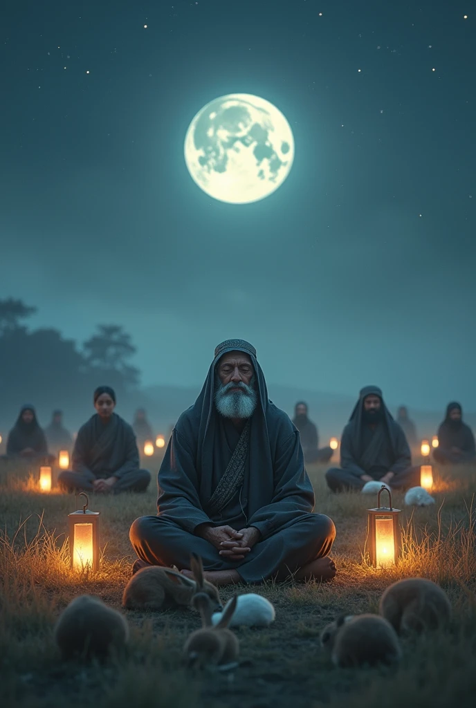 picture of an old Muslim ninja and his 10 students meditating in a large field to teach his students serenity and in the field it is lit by the moon, stars and lanterns beside them and around them there are also several animals who are sleeping