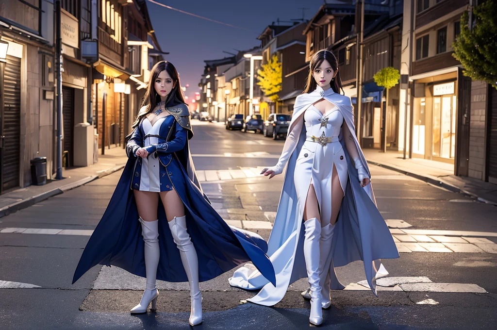 South korea walk women mystery hood up with modern royal Blue coat with long and wide sleeves with buttons and royal Blue cape and very high white heel over the knee and white gloves, As she reveals a small secret hidden blade coming from his wrist , adding to the characters mysterious, with small movements of air on the cape, in summer at night under the rain, with buildings featuring curved eaves and detailed architecture. sophisticated and highly detailed, ultra hd, realistic, hyper detailed, enhanced colours, ultra sharp focus, with vibrant, rich in details High quality, gorgeous, captivating, 8k, super detailed, stunning shadows, detailed lines, blood stain on coat and gloves and walls, a recently dead person with their throat slit
