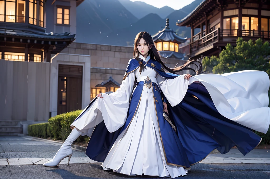 South korea walk women mystery hooded on with modern royal Blue coat with long and wide sleeves with buttons and royal Blue cape and very high white heel over the knee and white gloves, As she reveals a small secret hidden blade coming from his palm , adding to the character's mysterious and agile appearance, with small movements of air on the cape, in summer at night under the rain,medieval south korea house. sophisticated and highly detailed, ultra hd, realistic, hyper detailed, enhanced colours, ultra sharp focus, with vibrant, rich in details High quality, gorgeous, captivating, 8k, super detailed, stunning shadows, detailed lines, blood stain on coat and gloves, corpses in the street recently murdered