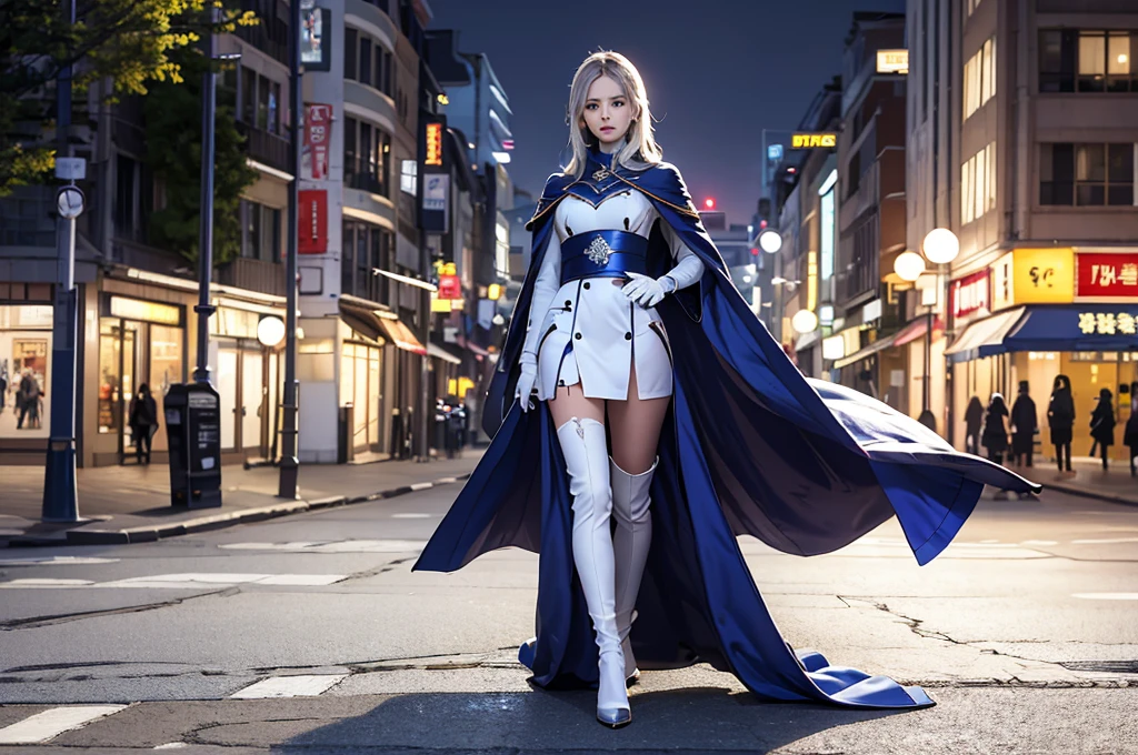 South korea walk women mystery hood up with modern royal Blue coat with long and wide sleeves with buttons and royal Blue cape and very high white heel over the knee and white gloves, As she reveals a small secret hidden blade coming from his wrist , adding to the characters mysterious, with small movements of air on the cape, in summer at night under the rain, with buildings featuring curved eaves and detailed architecture. sophisticated and highly detailed, ultra hd, realistic, hyper detailed, enhanced colours, ultra sharp focus, with vibrant, rich in details High quality, gorgeous, captivating, 8k, super detailed, stunning shadows, detailed lines, blood stain on coat and gloves and walls, a recently dead person with their throat slit
