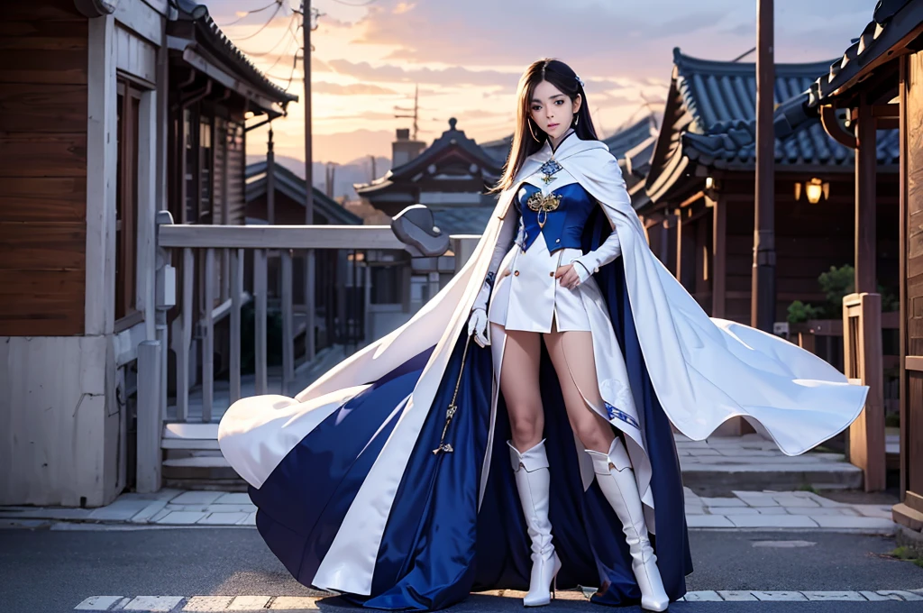 South korea walk women mystery hood up with modern royal Blue coat with long and wide sleeves with buttons and royal Blue cape and very high white heel over the knee and white gloves, As she reveals a small secret hidden blade coming from his wrist , adding to the characters mysterious, with small movements of air on the cape, in summer at night under the rain, with buildings featuring curved eaves and detailed architecture. sophisticated and highly detailed, ultra hd, realistic, hyper detailed, enhanced colours, ultra sharp focus, with vibrant, rich in details High quality, gorgeous, captivating, 8k, super detailed, stunning shadows, detailed lines, blood stain on coat and gloves and walls, a recently dead person with their throat slit