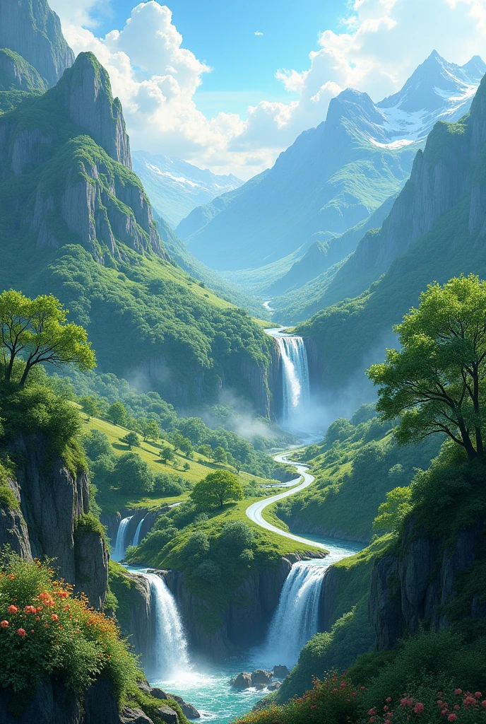 Valleys withs waterfalls and with roads