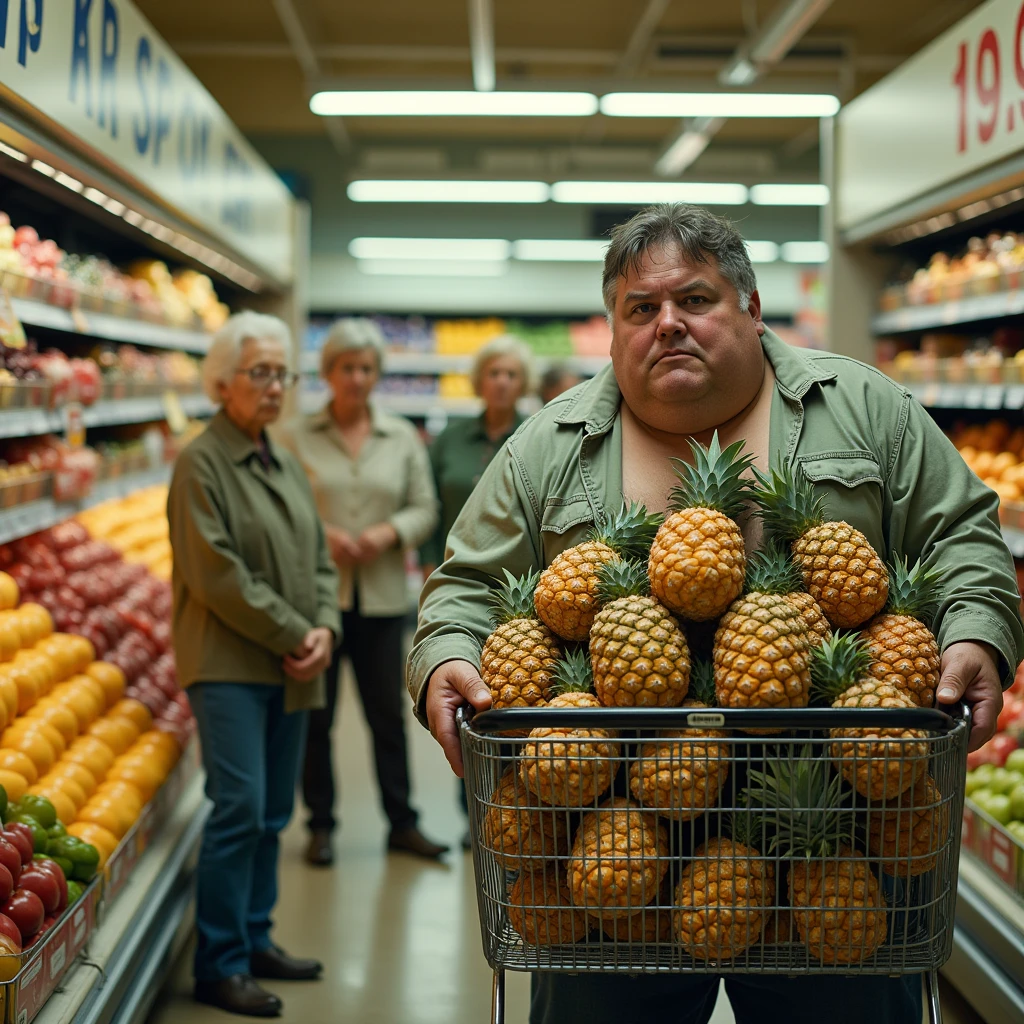 An ugly, fat man in the fruit section of a supermarket with a shopping cart filled to the brim with pineapples, Old women look at him and smile, provocative attitude, real image kodak ultra