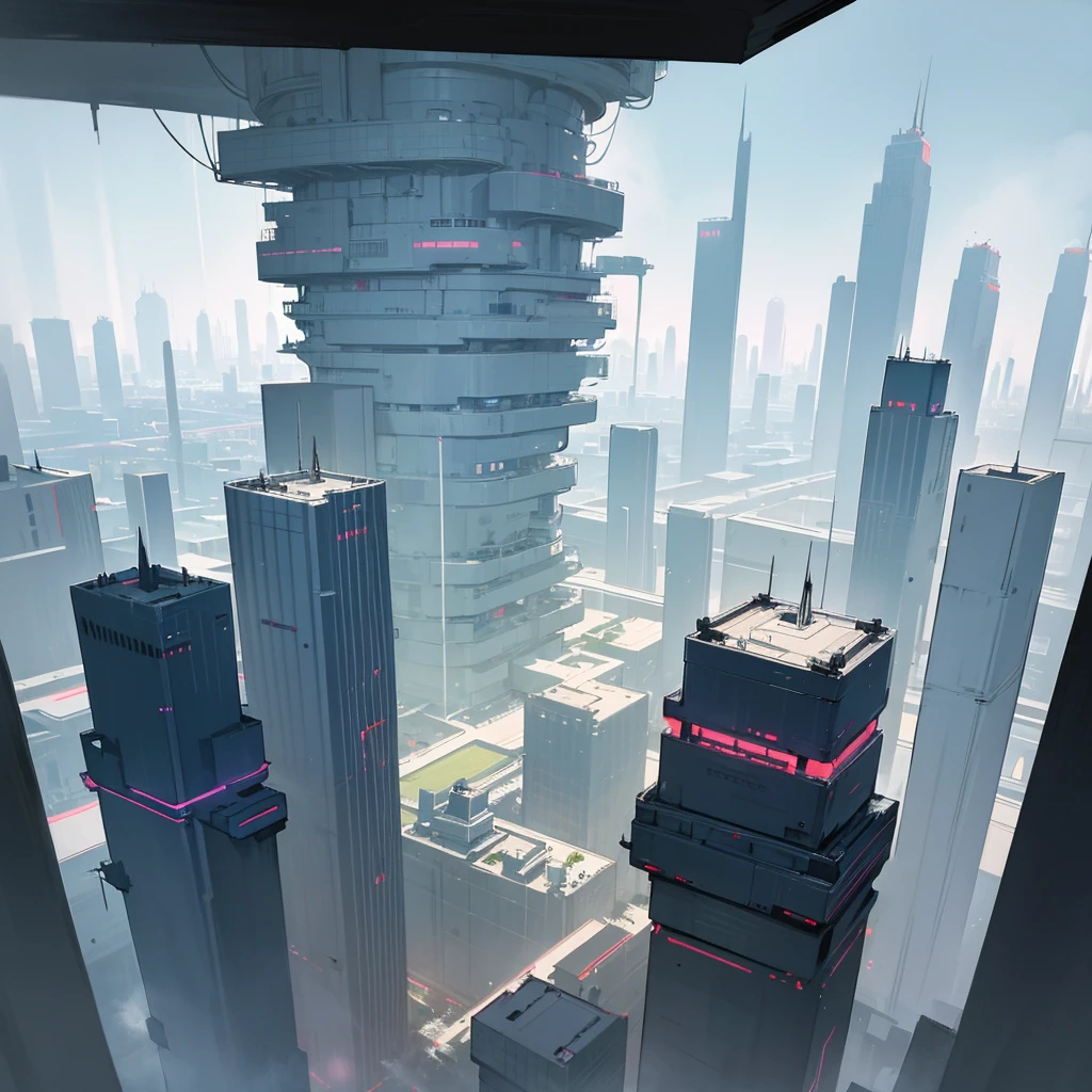 Panoramic view of a large landscape of a mega metropolis city with a futuristic retro future style with large buildings and large skyscrapers of sizes of 900 meters high that the buildings have all kinds of shapes and geometric shapes and not only rectangular shapes but all kinds of shapes that the buildings are made of dark black metal and that the city is super technologically advanced that the city has streets and some small buildings ,that it has a dystopian style and that there is fog and that the architecture of the city is that it has all kinds of shapes