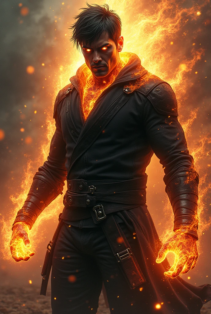 Man with short hair and dark skin color , with the powers of ghost rider and evil magic 