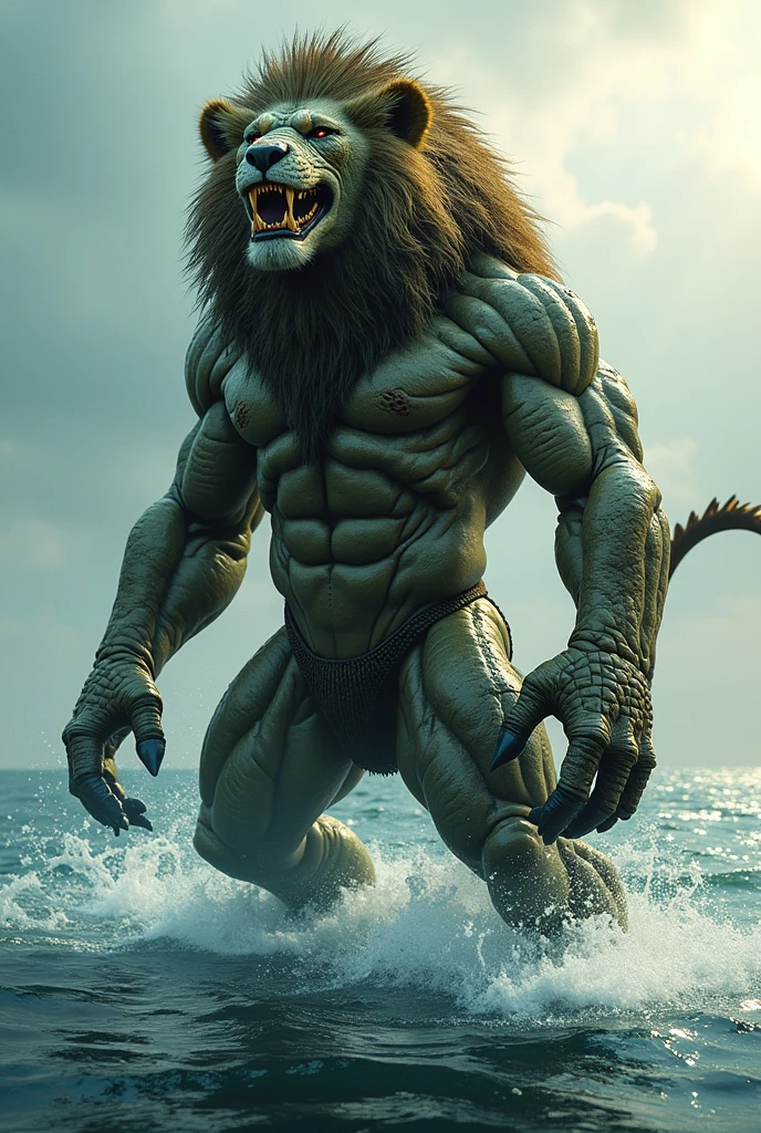 Combin a crocodile and lion together with muscle body and stand on the sea