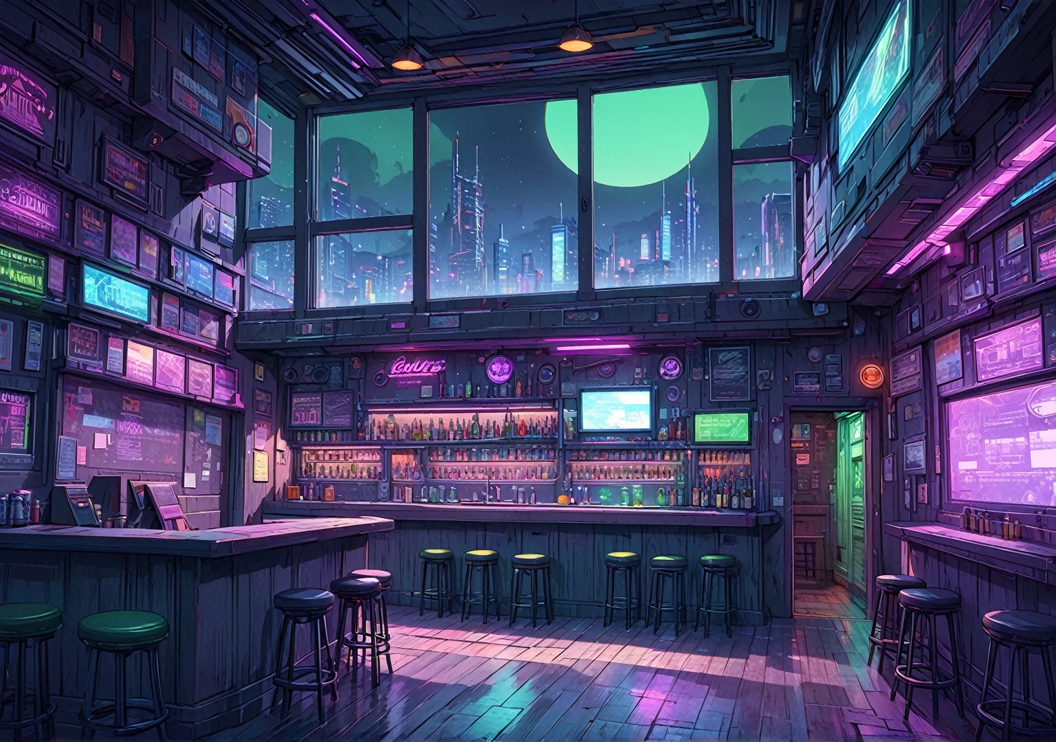 illustration, detailed illustration, ultra detailed, dive bar, cyberpunk, purple and green, dark interior, sci fi, night, (shadowy:1.3), window, sci fi skyline in window, empty