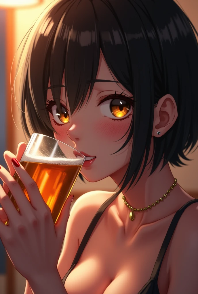 ((Highest quality, 8k: 1.1)), 1 female,Drinking beer while jerking off the cameraman&#39;s penis、Beauty、Japanese、Short Hair:1.5,Shiny black hair、I can see the ears、looking at the camera、A teasing smile、Half-open mouth、Embarrassed look、blush:2.0