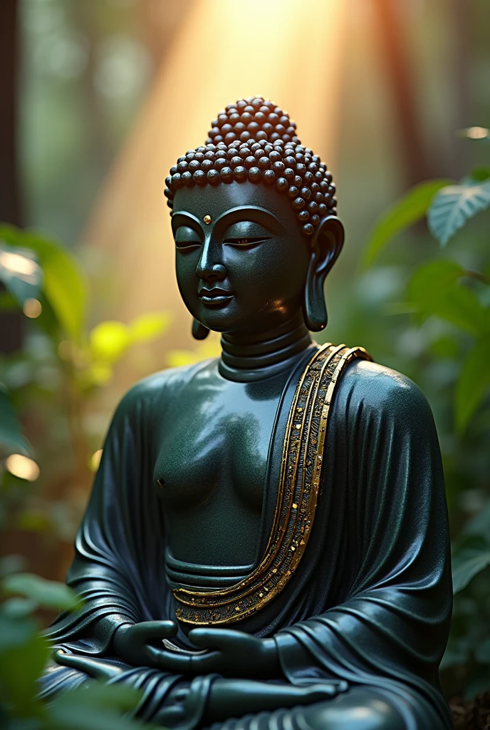 hightech cyber buddha statue with visible circuits on his face, highly detailed, hyper realistic, intricate details, obsidian, shiny, reflective, glowing aura, dramatic lighting, cinematic composition, serene expression, peaceful meditation pose, ornate decorations, gold accents, natural environment, lush foliage, sunbeams, photorealistic, 8k, masterpiece, cs-m3tal-ok_v06-1000
