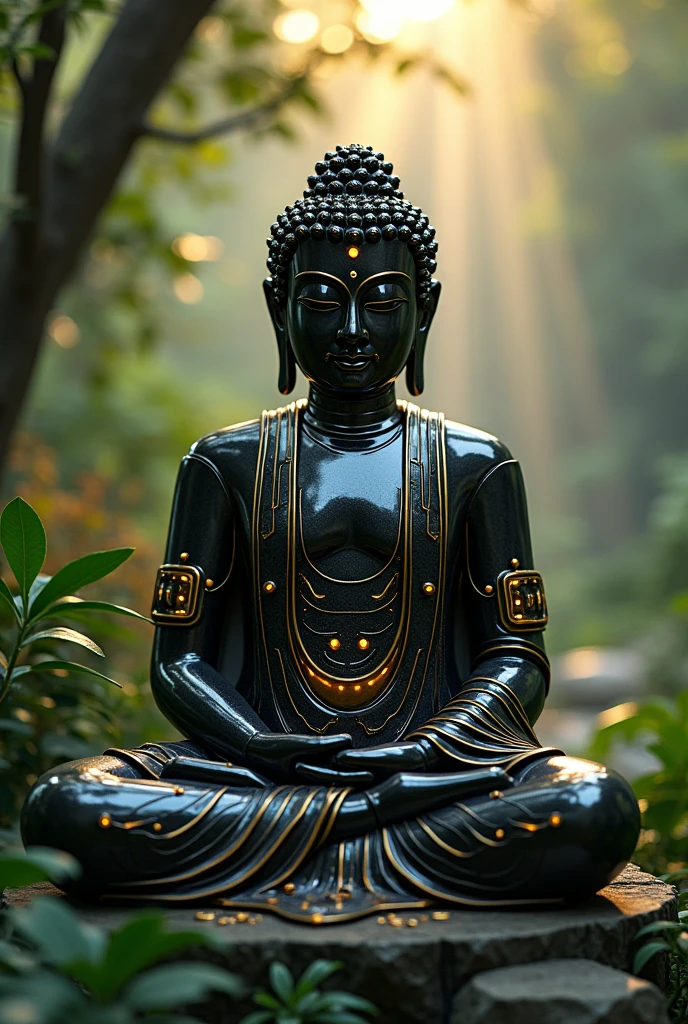 hightech cyber buddha statue with visible circuits on his face, highly detailed, hyper realistic, intricate details, obsidian, shiny, reflective, glowing aura, dramatic lighting, cinematic composition, serene expression, peaceful meditation pose, ornate decorations, gold accents, natural environment, lush foliage, sunbeams, photorealistic, 8k, masterpiece, cs-m3tal-ok_v06-1000