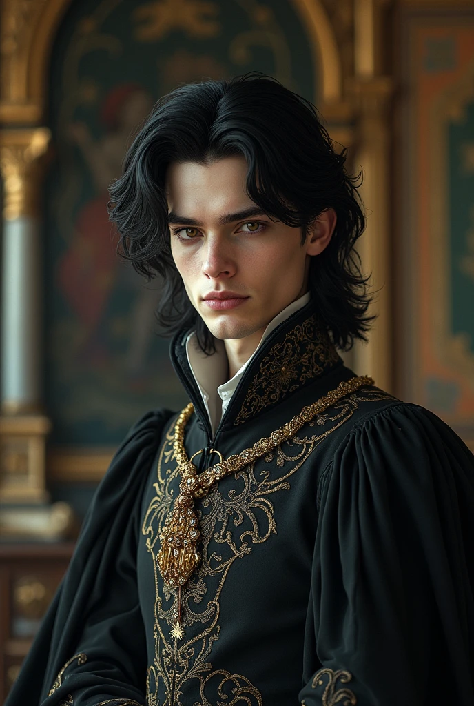 Create the image of a man, pale, muito pale, blackquality hair, and brown eyes in fancy medieval clothes