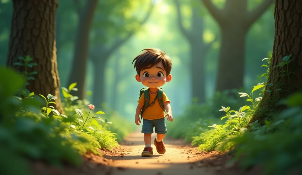 Boy image for YouTube video story in Pixar style, He is a little Alla Bester., He is the class leader., He is about to go out., Playful and curious about many things, short hair,he noticed a narrow, winding path leading into the forest