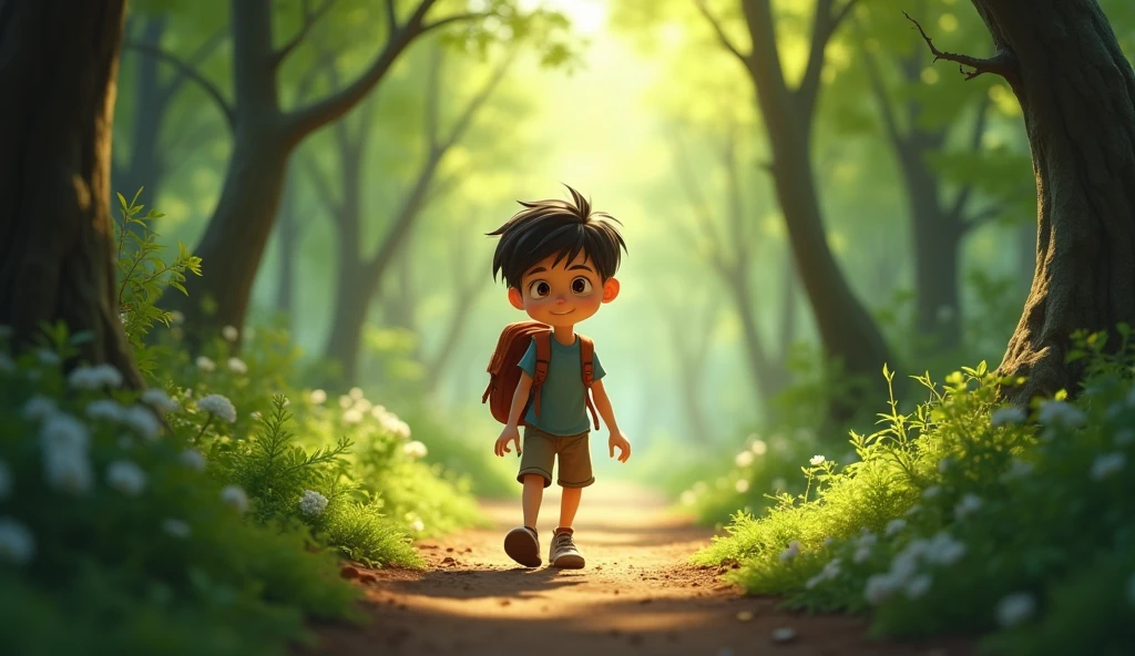 Boy image for YouTube video story in Pixar style, He is a little Alla Bester., He is the class leader., He is about to go out., Playful and curious about many things, short hair,he noticed a narrow, winding path leading into the forest