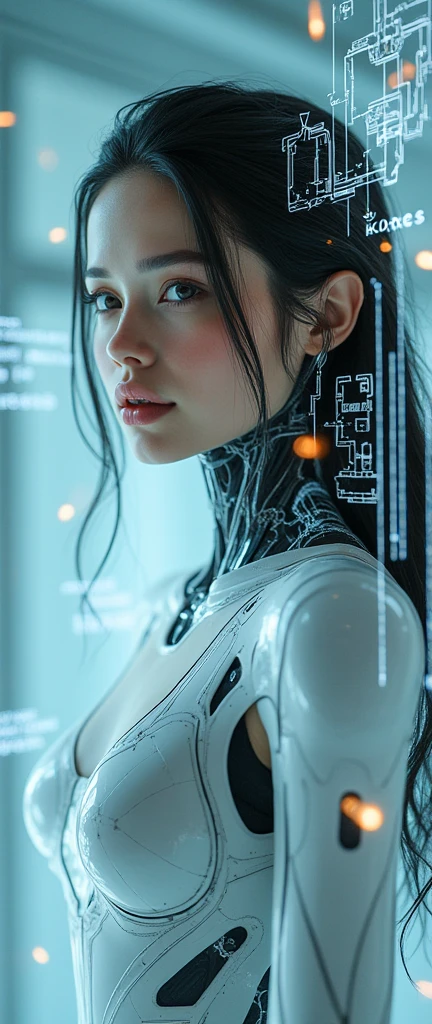 (masterpiece:1.2,exceptional quality,mirror-like,cinematic experience,photorealistic:2.0,RAW Photos:2.0,Super detailed),8k,Wallpaper,(Representation of plans through holograms:2.0),(beautiful woman:2.0),cyborg femenino,(Cyborg Feminino blueprint:2.0),(Draw the Front View:2.0),(avant-garde design:2.0),(Draw detailed plans:2.0),(Numerous notes on configuration:2.0),(beautiful face,pretty eyes,beautiful hair)