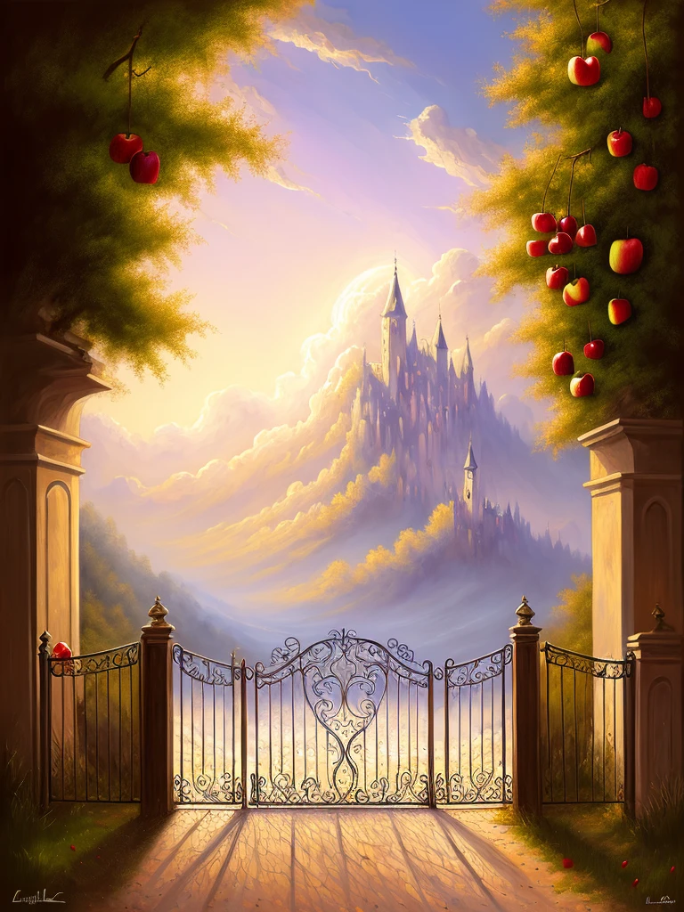 Heaven fantasy painting, big pearly gate in heaven, apples, fruit, 8k, trending on art station, digital art, Raphael Lacoste