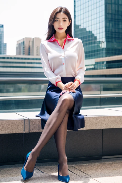 (Colorful collared shirts)、(Midi Skirt:1.2) 、Full Body Portrait、(silk pantyhose)、Sitting、Both legs and high heels look beautiful.、1 girl、Perfect body,Two well-balanced legs、 Perfect hands, (Perfect Face, Perfect Eyes), Accurate,(Perfect Anatomy, Anatomically correct), Perfectly clear and sharp focus、Large Breasts、Modern architecture in the background、((Highest quality、Ultra-high resolution、masterpiece)) 
