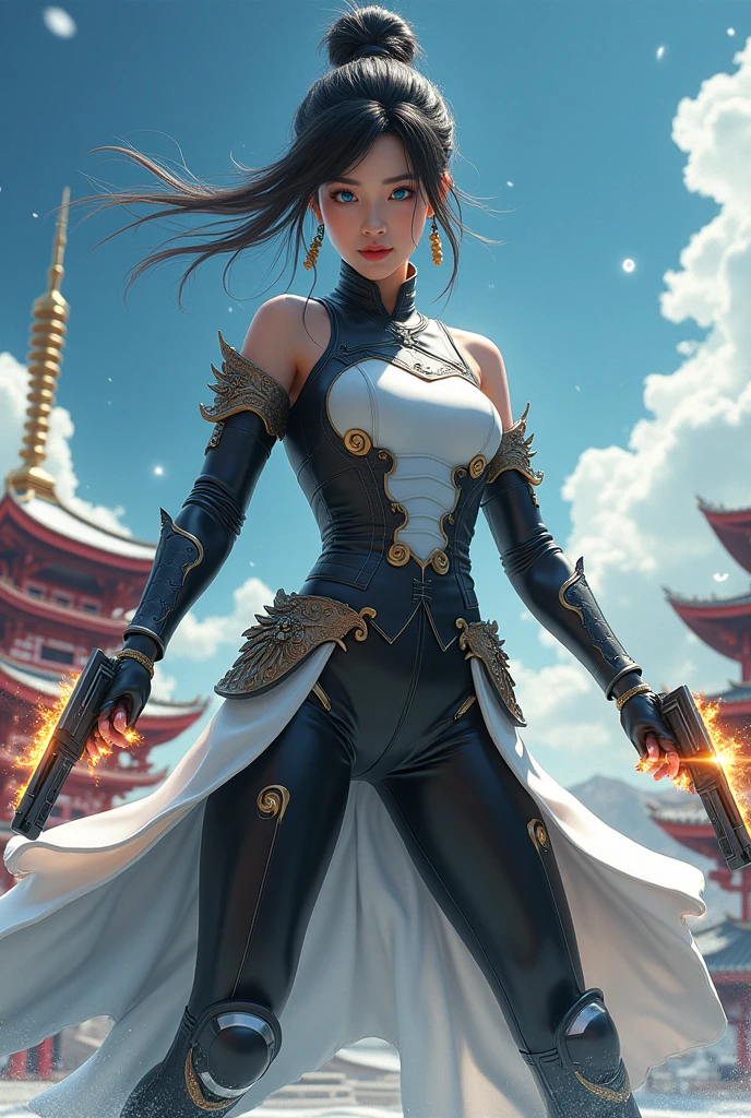 (masterpiece, best quality, beauty, best ratio, best shadows,best Illustration, wallpaper size,1080×2400 pixels,detailed face,pastel colors)
uhd, china female kungfu, korean beauty like tae yon, dancing, full posture fully visible, shining blue eyes, windblown short hair, wear black and white full armory leather, hand holding dual gun emits gold energy, standing on the yin yang big pallete. blue sky, big red pagoda and snowflake seen on far away. use the RenderMan renderer.digital art.High definition, high contrast, high color saturation ,128k,cinematic lighting, intricate,cinematic advertising photograph,cinema lens,high res.