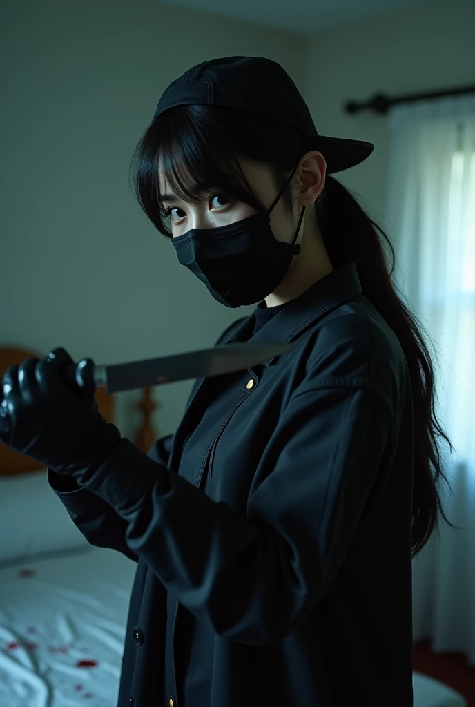 korean girl, (behind bontage , holding knife), stabbing, black surgical mask, black gloves, room , black raincoat, trucker hat, holding knife, black gloves, woman on top, behind bontage , blood splatter, on the bed, looking at viewer, mass murderer, killer, low ponytail, blood splatter, dark atmosphere, cinematic lighting, atmospheric realistic, light from the window, close-up,