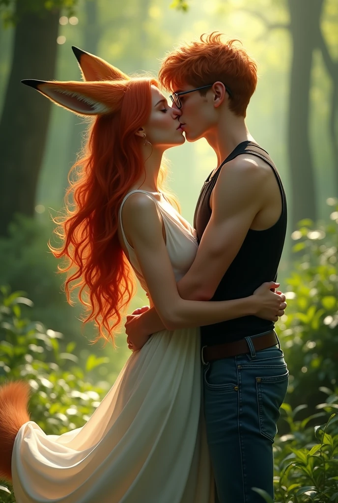(raw photo, best quality) , (Realistic, photo-realistic: 1.4), extremely formidable overall plan, masterpiece, ultra-detailed, high resolution, best illustration, best shadow, complex, depth of field, very beautiful Western white woman with bewitching beauty (very realistic style), she has long red hair light brown eyes, she has a single beautiful fox tail, and beautiful medium-sized fox ears, she only has fox ears on her head ((she does not have human ears on her head)) ((we don’t see human ears on her head)), she wears a long fine white dress, she has a beautiful radiant smile, she is in a green forest, she hugs a young man, a 20-year-old human with wavy red hair, he wears rectangular glasses, he is dressed in blue jeans and a black tank top, the young man warmly embraces the young woman in his arms, both characters passionately kiss on the mouth in a passionate kiss, their mouths are glued to each other, they roll a lot letting their tongues touch in their mouths, it’s a long romantic kiss passionate and full of love, plan of ensemble, Photorealist style 8k, DSLR, high quality, (grain of the film: 1.4), Fujifilm XT3,