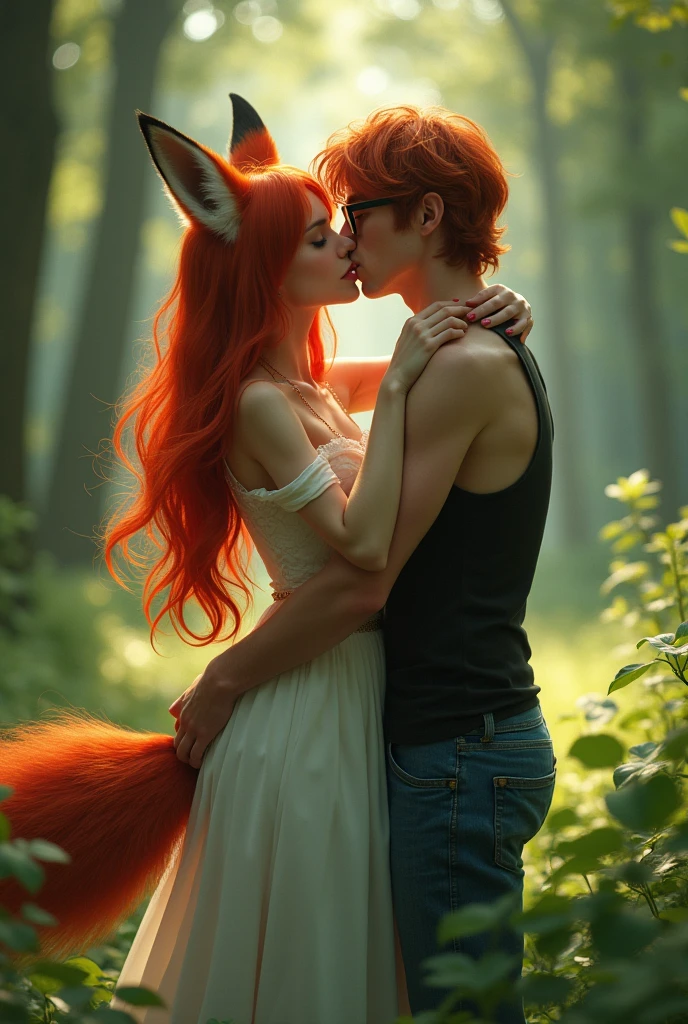 (raw photo, best quality) , (Realistic, photo-realistic: 1.4), extremely formidable overall plan, masterpiece, ultra-detailed, high resolution, best illustration, best shadow, complex, depth of field, very beautiful Western white woman with bewitching beauty (very realistic style), she has long red hair light brown eyes, she has a single beautiful fox tail, and beautiful medium-sized fox ears, she only has fox ears on her head ((she does not have human ears on her head)) ((we don’t see human ears on her head)), she wears a long fine white dress, she has a beautiful radiant smile, she is in a green forest, she hugs a young man, a 20-year-old human with wavy red hair, he wears rectangular glasses, he is dressed in blue jeans and a black tank top, the young man warmly embraces the young woman in his arms, both characters passionately kiss on the mouth in a passionate kiss, their mouths are glued to each other, they roll a lot letting their tongues touch in their mouths, it’s a long romantic kiss passionate and full of love, plan of ensemble, Photorealist style 8k, DSLR, high quality, (grain of the film: 1.4), Fujifilm XT3,