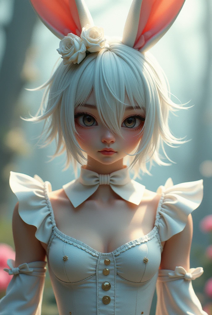 Man with medium white messy hair and white flower bow on his head black eyes bunny girl outfit