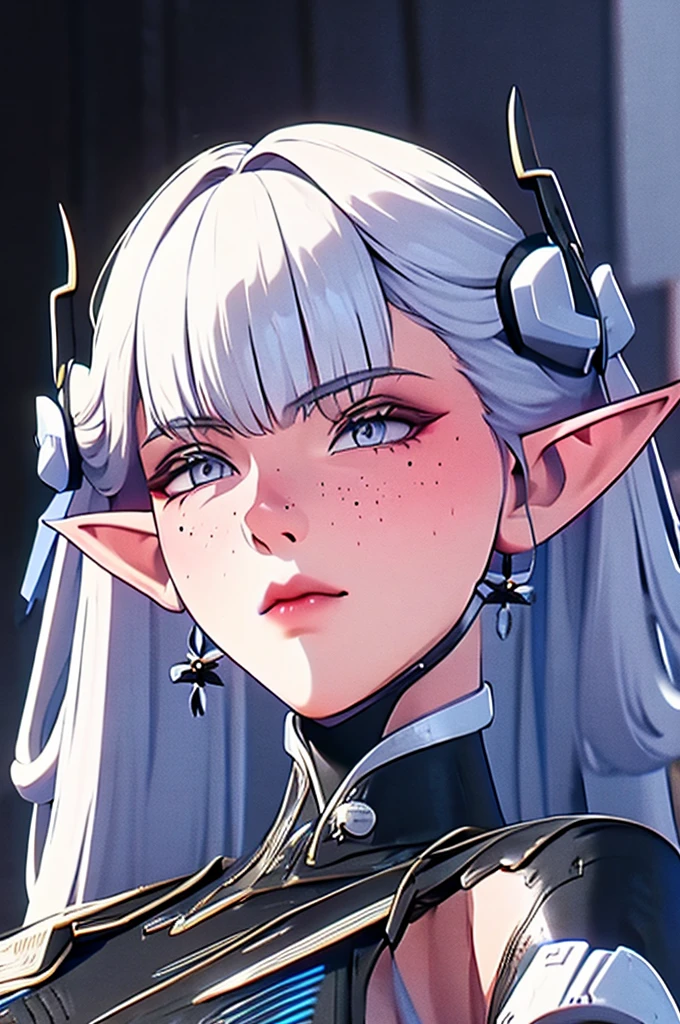 a close up of a female, pastel goth, big elf girl with freckles, light grey eyes, pointy ears, freckles, many freckles on face, white horns, unreal 5. rpg portrait, 8k portrait render, unreal engine 5, beautiful female elf, unreal engine character art, female character, female lead character, there is a woman in a black leather outfit posing for a picture, goth cybersuit, wearing techwear and armor, cybersuit, dark natasha, cyber suit, clothed in sci-fi military armor, cybersuits, diverse cybersuits, cyberpunk 2 0 y. o model girl, in a dark space mercenary outfit, cyberpunk gorgeous goddess