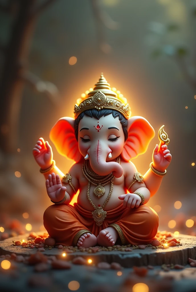 (photorealism:1.2), A cute baby Ganesha with all the detailing the Ganesha have, . Show Baby Ganesha sitting cross-legged, eyes closed with a serene expression, surrounded by a peaceful, glowing aura......background is dramatic and cinematic which enhance the Ganesha looks