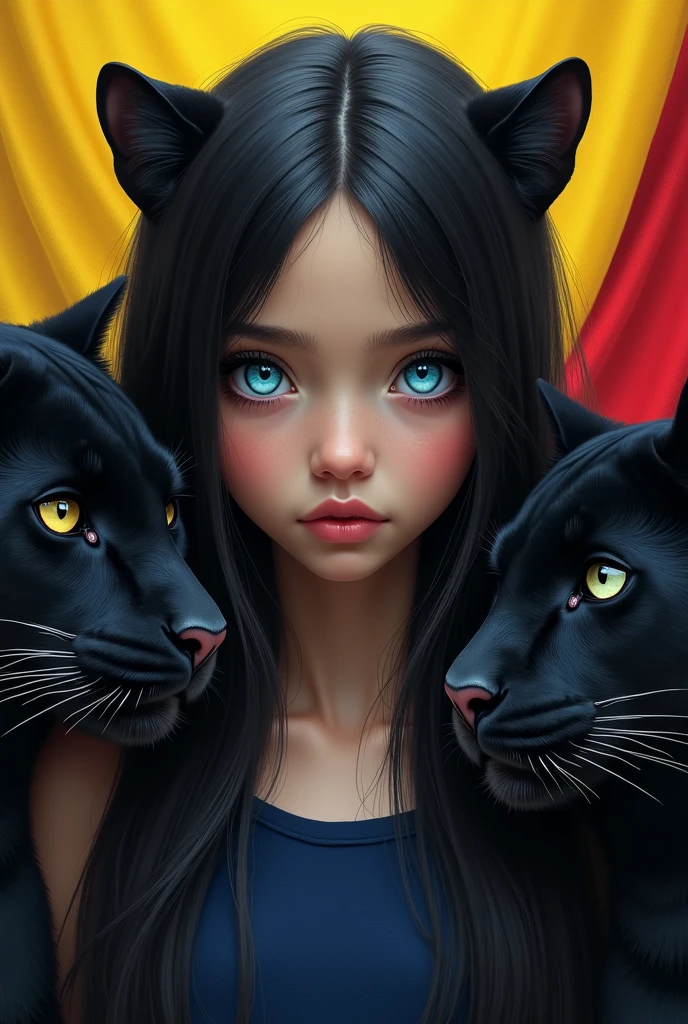 A girl with long straight black hair without bangs and thousand-colored eyes with black panthers on each side of the girl and the background of the image that is the flag of the country Colombia and that looks complete