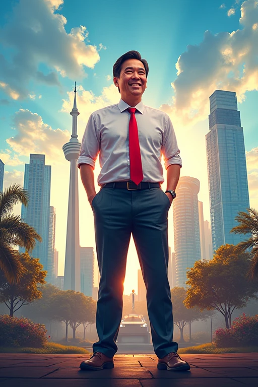 political campaign poster of a male governor candidate in Jakarta, smiling confidently with a backdrop of Jakarta's skyline, including Monas and high-rise buildings."