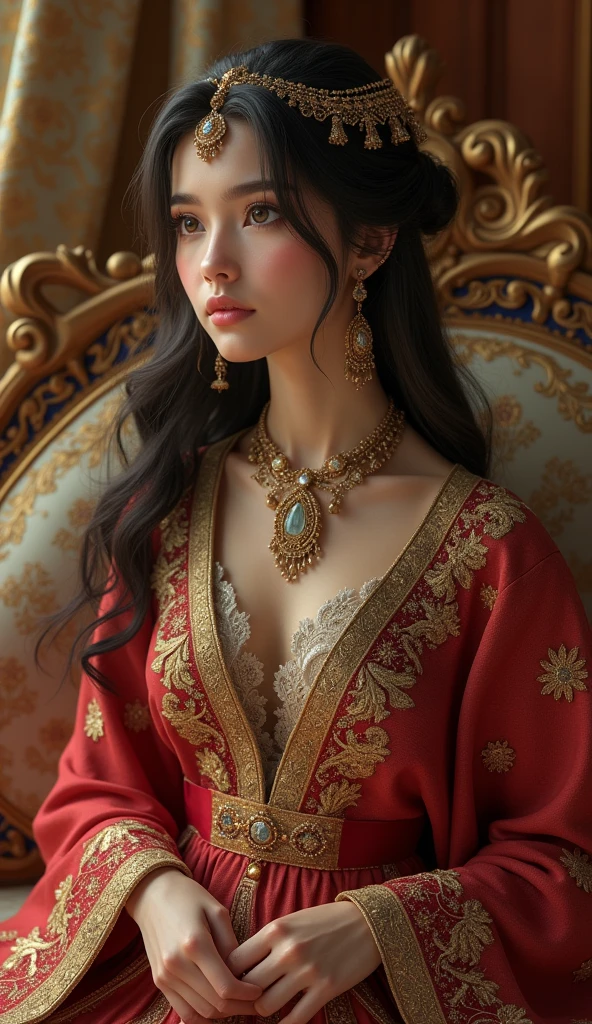 Create a Arabian girl wearing a beautiful frock with a luxury room background